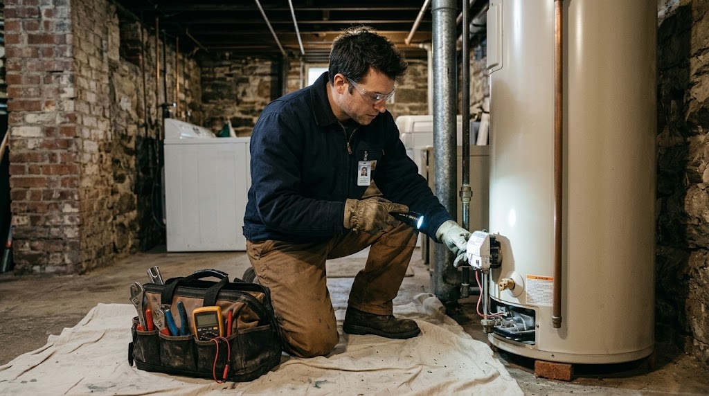 Plumbing technician testing temperature controls and gas supply on a residential water heater